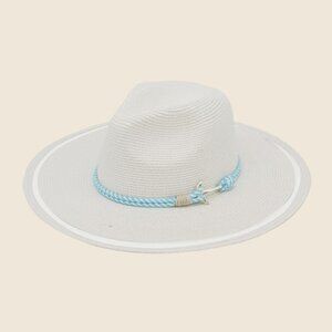 Hat Striped Rope Flat Brim Straw Sun Hat White